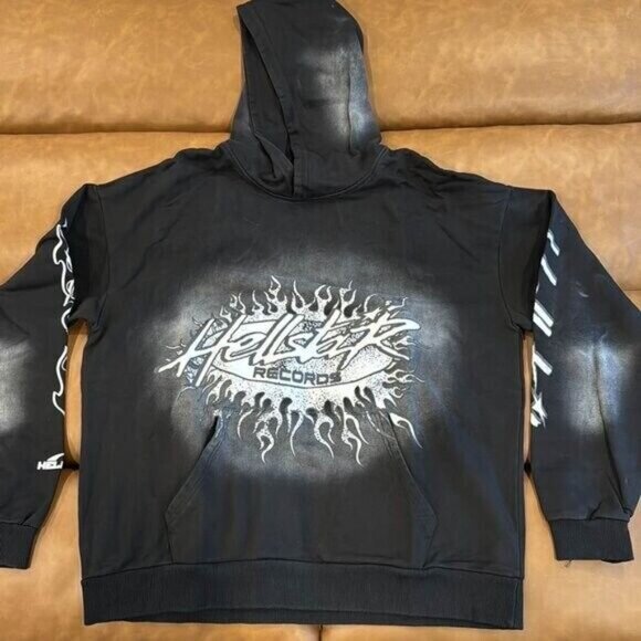 Hellstar Records Classic Logo Washed Black / White Pullover Hoodie Mens Large - Picture 1 of 2
